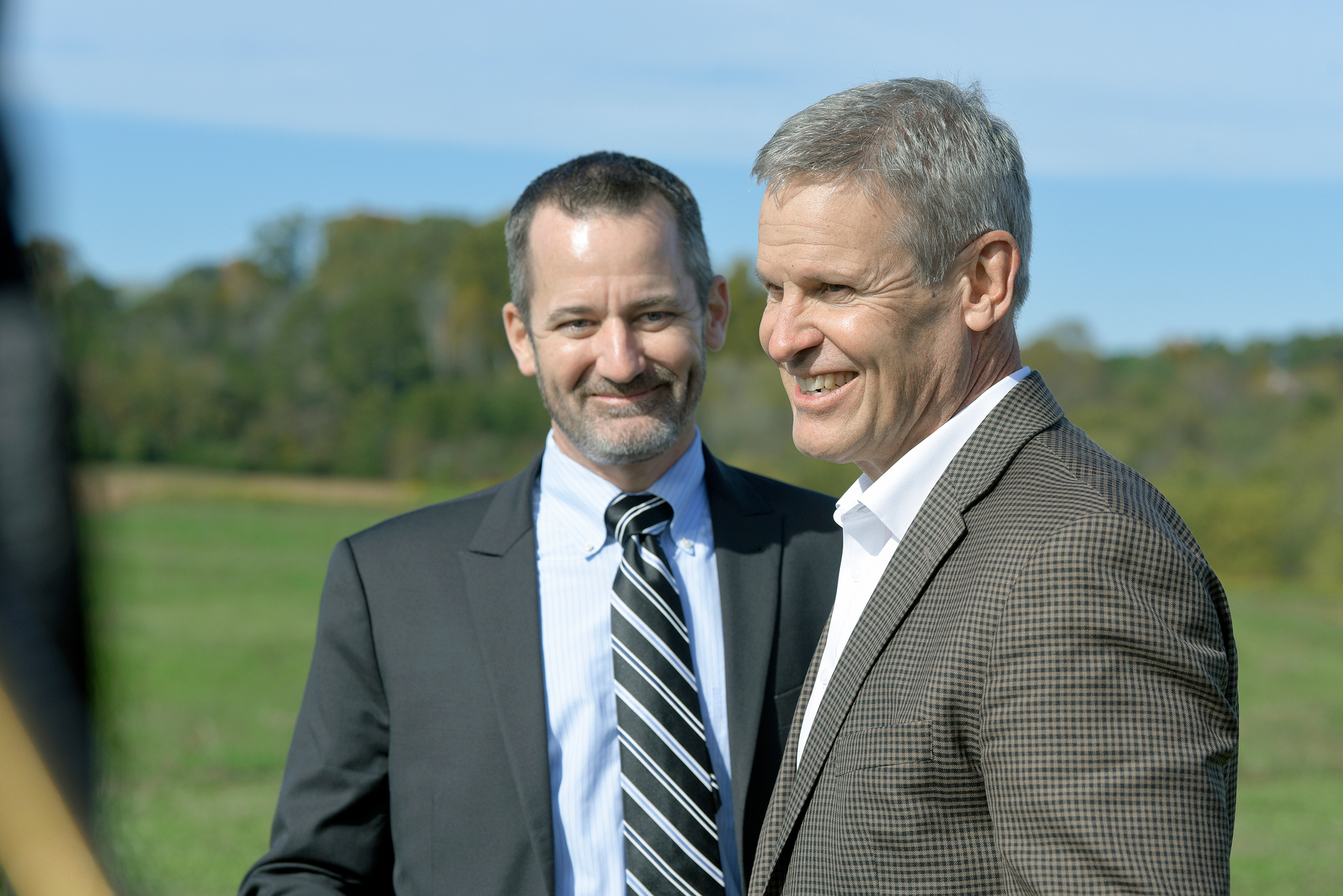 Smith and Wesson President and CEO Mark Smith, left, and Tennessee Governor Bill Lee prepare for a ground breaking ceremony for the new Tennessee location for the firearms manufacturer, November 2021 in Alcoa, Tenn. (Scott Keller—The Daily Times/AP)