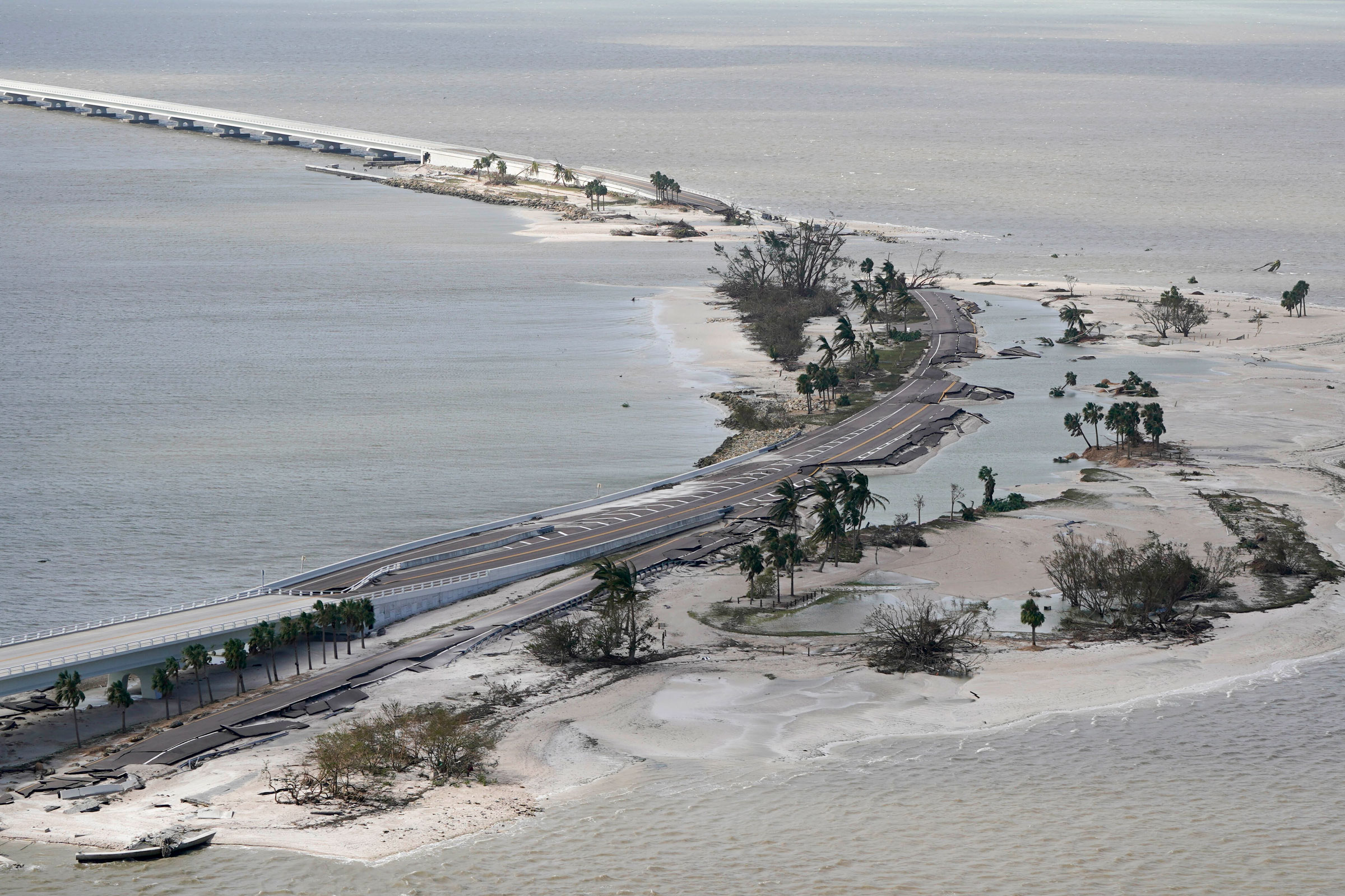 A damaged causeway to Sanibel Island is seen in the aftermath of Hurricane Ian on Sept. 29 near Sanibel Island, Fla. (Wilfredo Lee—AP)