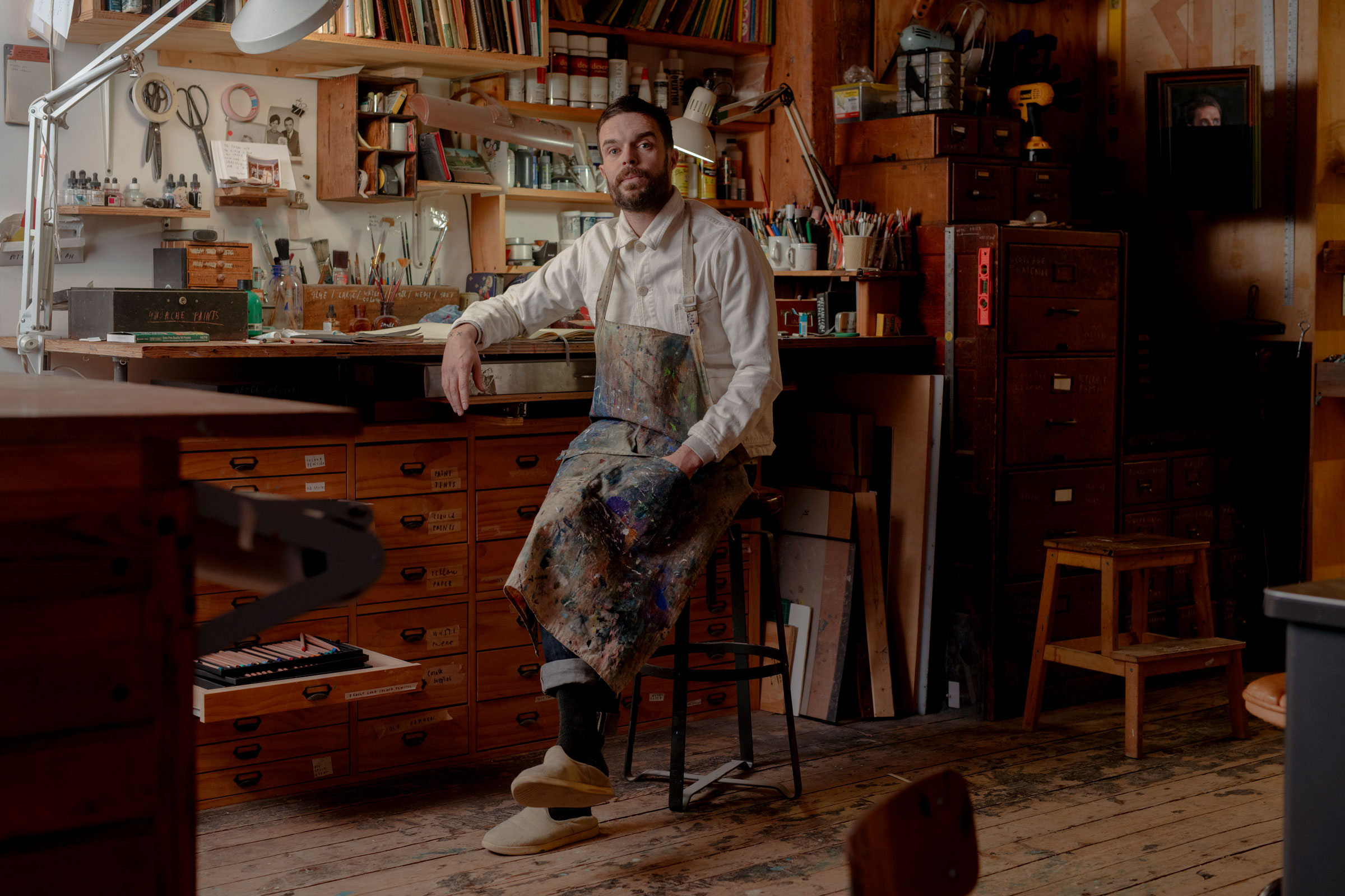 Oliver Jeffers at his studio in the Boerum Hill neighborhood of Brooklyn, on Jan. 17, 2019. (Caroline Tompkins—The New York Times/Redux)
