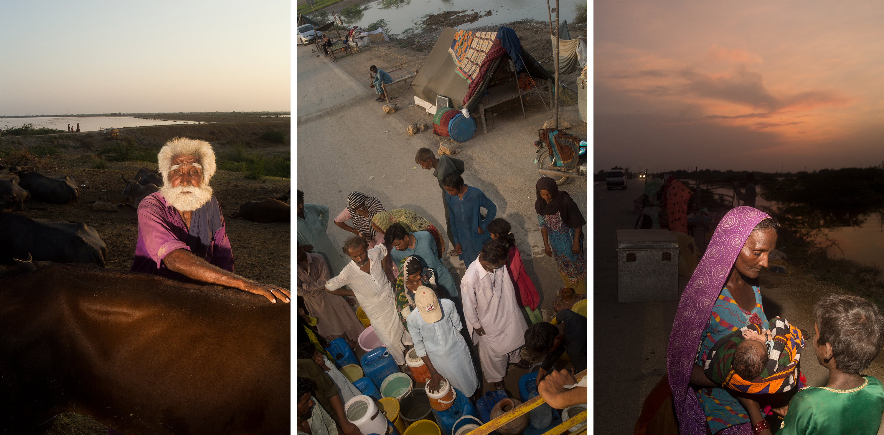 <b>Left:</b> Bughio, an elderly man in a village near Sohni Lath, Thatta, September 8;  <b>Center:</b> Internally Displaced Persons (IDPs) gather around a drinking water tank on the Jhuddo Bypass, September 9;  <b>Right:</b> Displaced family on Judo Bypass, September 9.  (Hasan Gondal for TIME)” class=”fix-layout-shift”/><br />
                                </source></source></source></source></source></picture>
</figure>
<div class=