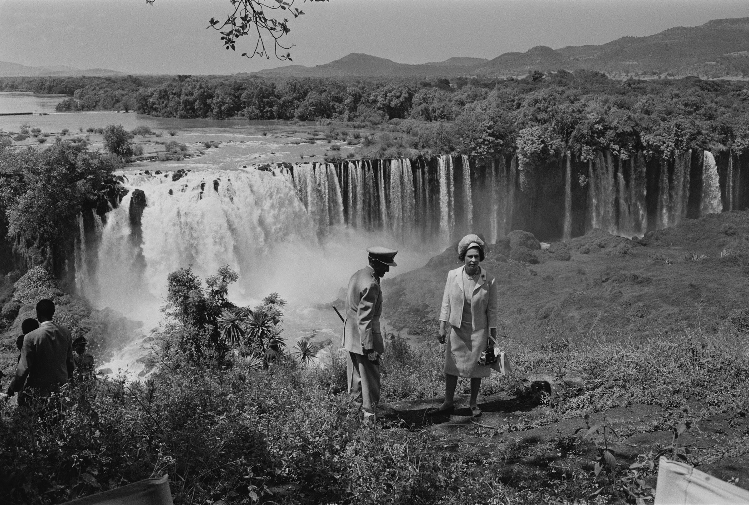 Queen Elizabeth II at the Tissisal Falls, where the Blue Nile begins, with Emperor Haile Selassie during a royal visit to Ethiopia, Feb. 7, 1965. (Terry Fincher—Daily Express/Hulton Archive/Getty Images)