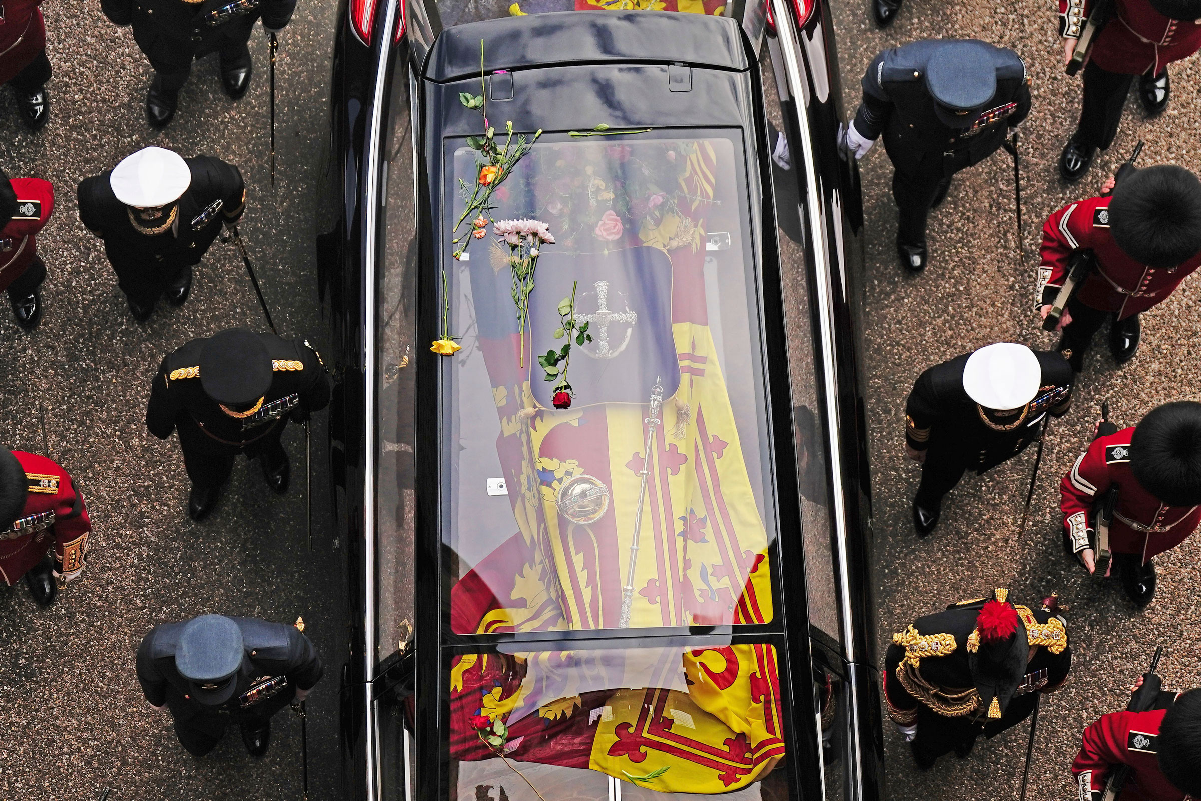 Flowers on the hearse carrying the coffin of Queen Elizabeth II as it arrives at Windsor Castle for the Committal Service in St George's Chapel.