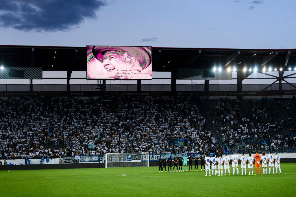 Queen Elizabeth II is honored as she passed away during the UEFA Europa League match between FC Zurich and Arsenal FC on Sept. 8, 2022, in St Gallen, Switzerland. (Marcio Machado-Eurasia Sport Images/Getty Images)