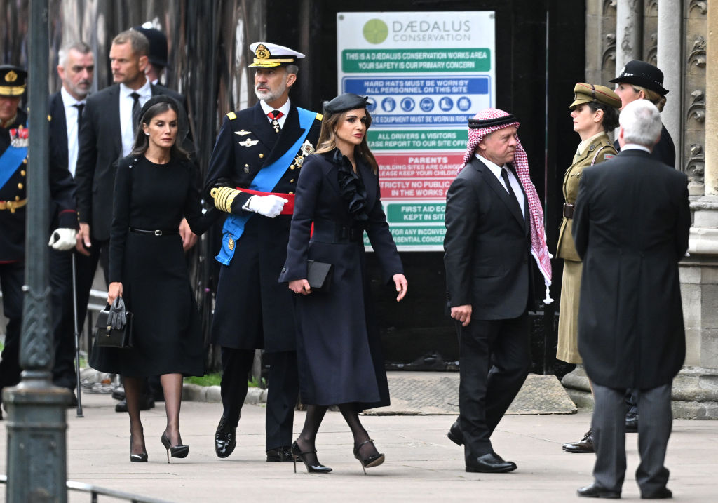 Queen Letizia of Spain, Felipe VI of Spain, Queen Rania of Jordan and Abdullah II of Jordan arrive for the State Funeral of Queen Elizabeth II at Westminster Abbey on September 19, 2022 in London, England. (Samir Hussein/WireImage—Getty Images)