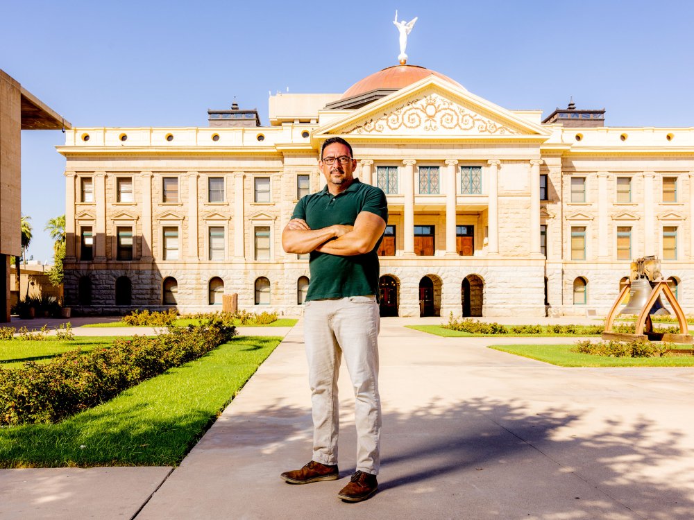 The democratic candidate for Secretary of State of Arizona Adrian Fontes in front of the Arizona Capitol in Phoenix, AZ on Monday September 5th, 2022.