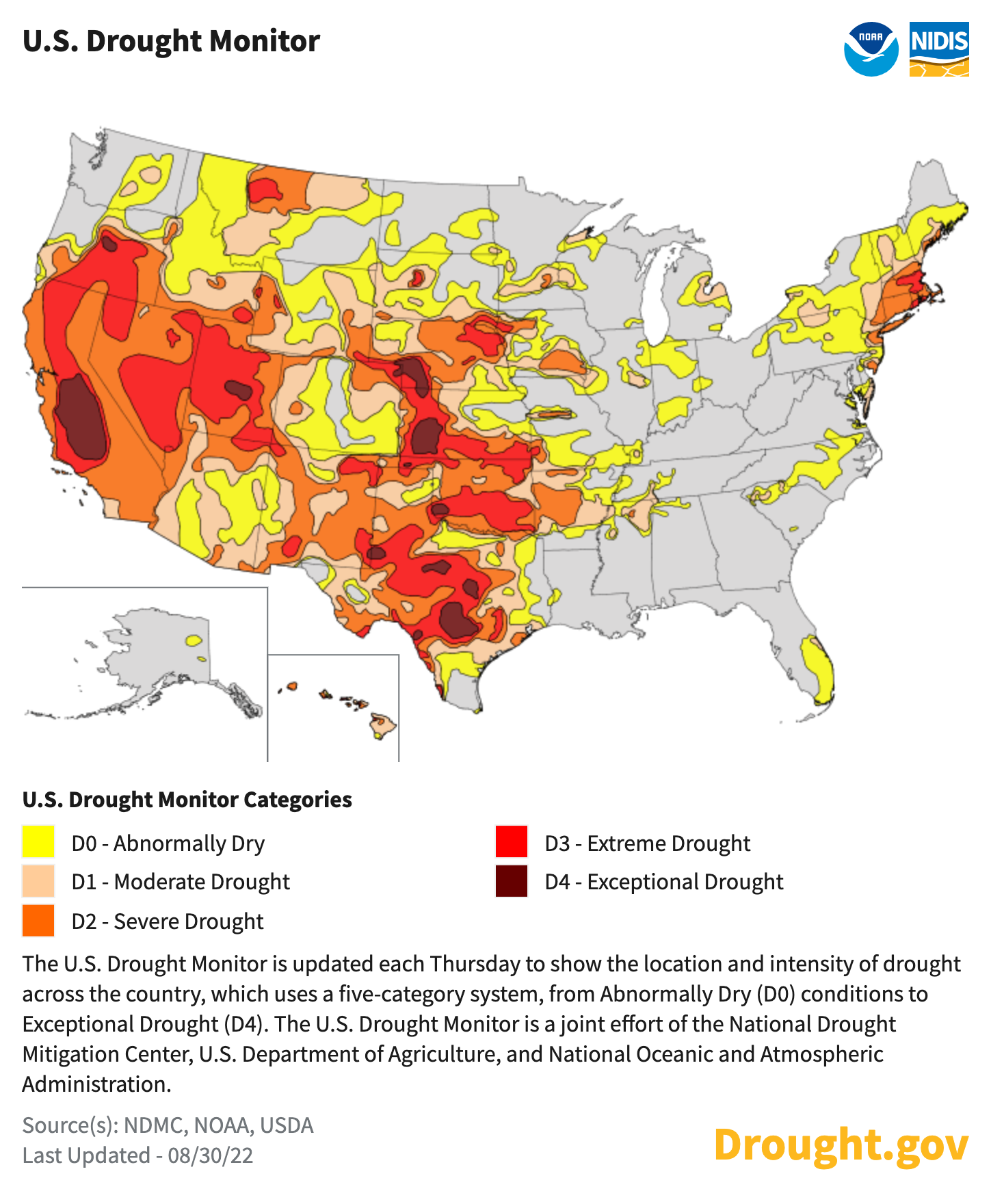 A U.S. government map of the U.S. from late August, 2022, showing extreme and exceptional drought conditions in the Western half of the country. (Drought.gov)
