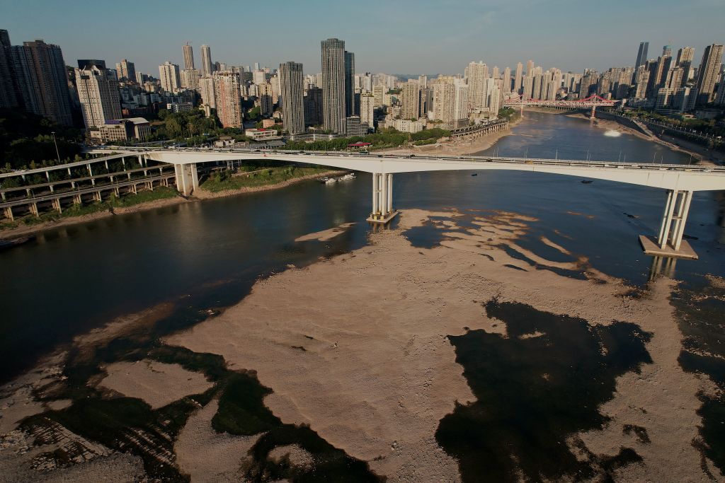 An aerial picture taken on Aug. 24, 2022 shows the riverbed of the Jialing river, a tributary of the Yangtze River, in China's southwestern city of Chongqing. (Noel Celis—AFP/Getty Images)