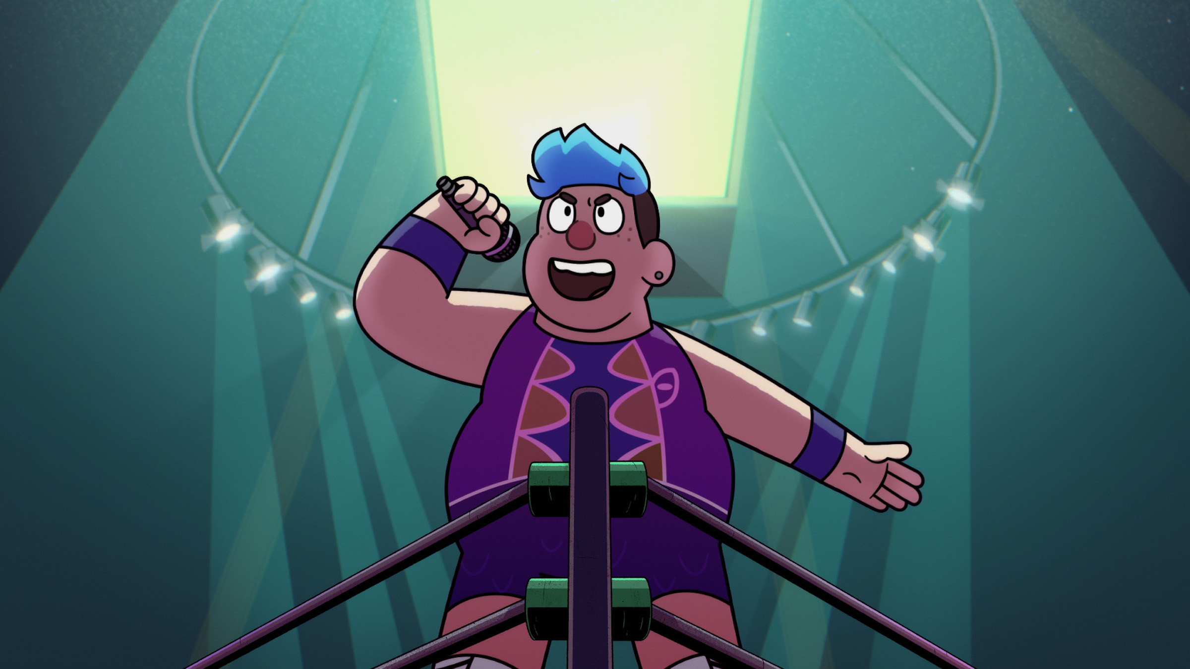 Barney stands at the corner of a wrestling ring, yelling triumphantly into a microphone