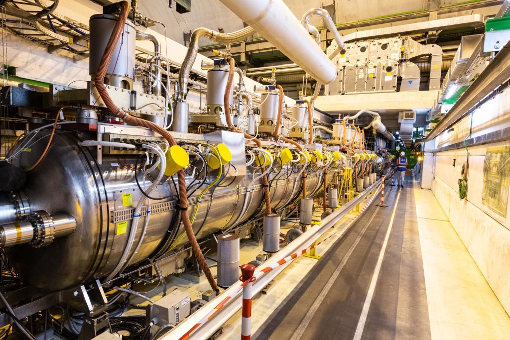 Una parte del complejo Gran Colisionador de Hadrones (LHC) se ve bajo tierra durante las jornadas de puertas abiertas en las instalaciones de investigación de física de partículas del CERN el 14 de septiembre de 2019 en Meyrin, Suiza.  El Gran Colisionador de Hadrones de 27 km de largo está actualmente cerrado por mantenimiento, lo que ha creado una oportunidad para ofrecer acceso al público.  CERN, la Organización Europea para la Investigación Nuclear, es el laboratorio más grande del mundo para la investigación de la física de partículas.  (Ronald Patrick-Getty Images)