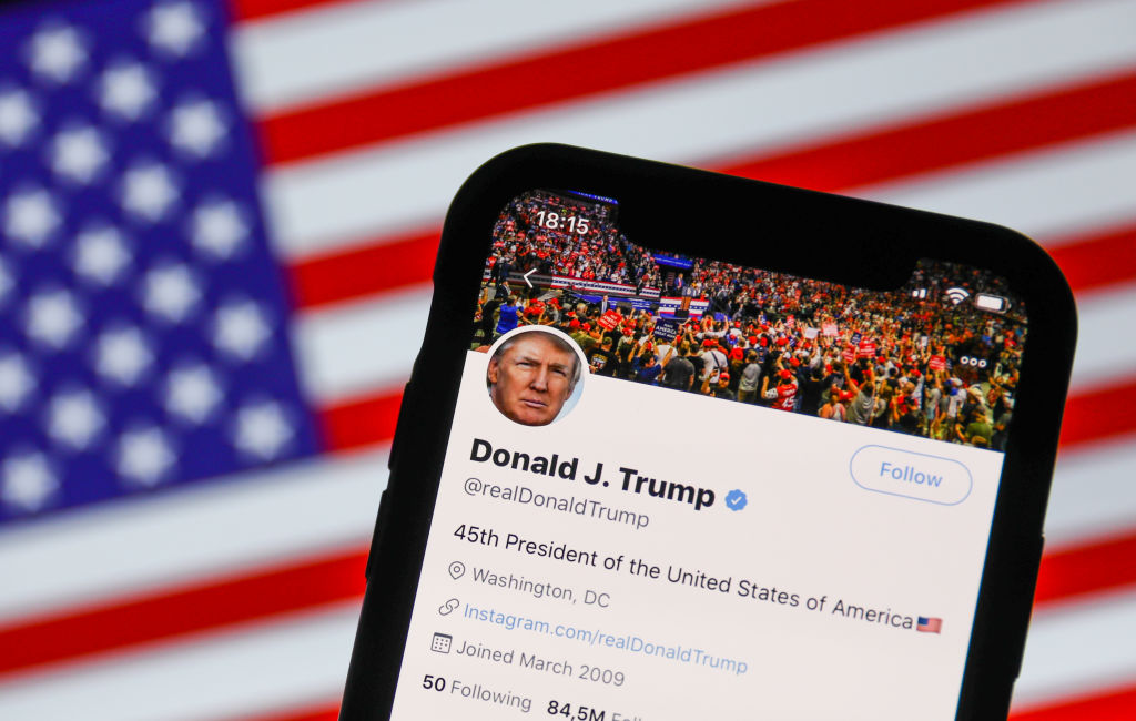 The Twitter page of former President Donald Trump, as seen on a phone screen in this illustration photo taken on August 2, 2020. (Photo Illustration by Jakub Porzycki/NurPhoto—Getty Images)