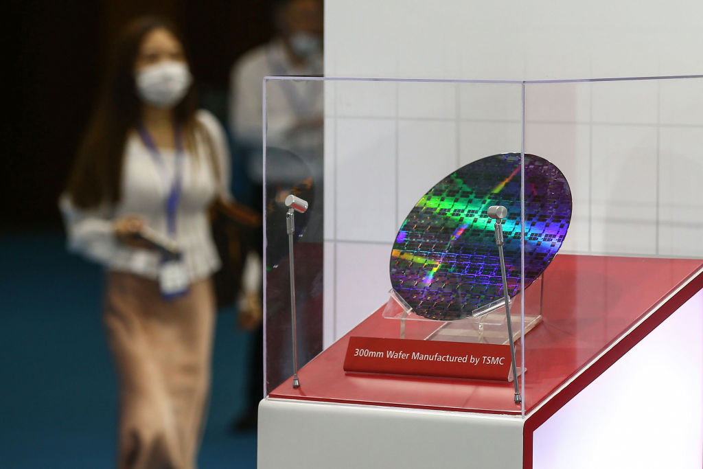 A chip by Taiwan Semiconductor Manufacturing Company (TSMC) is seen at the 2020 World Semiconductor Conference in Nanjing in China's eastern Jiangsu province on August 26, 2020. (STR / AFP- Getty Images)