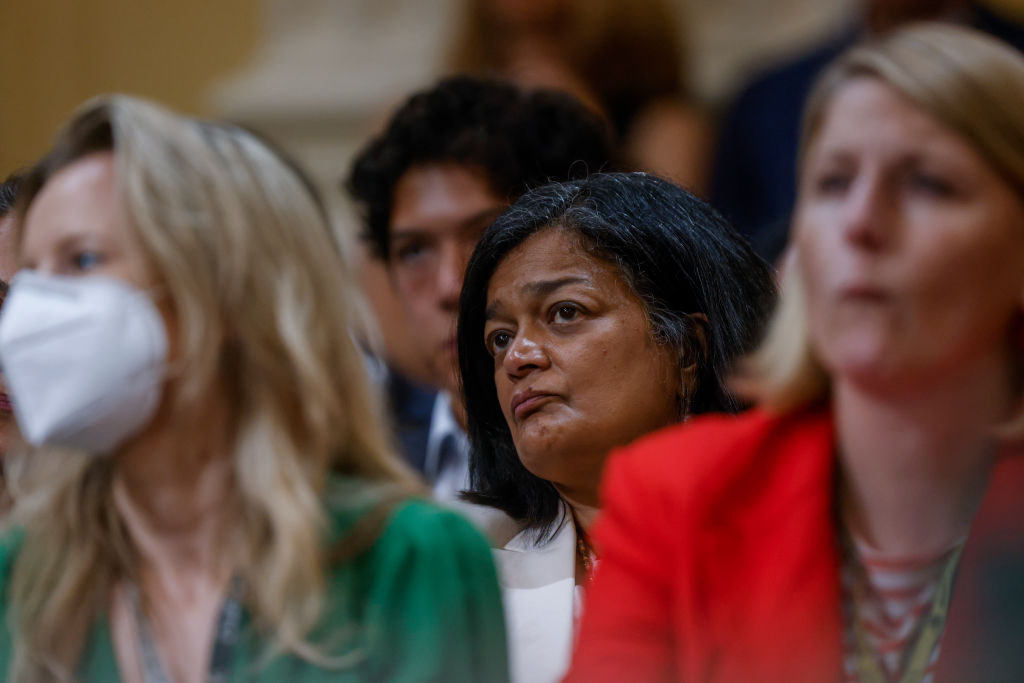 Rep. Pramila Jayapal, the chair of the Congressional Progressive Caucus, sits in the gallery as the House select committee investigating the Jan. 6 attack on the U.S. Capitol holds a hearing on Capitol Hill on Thursday, July 21, 2022. (Tom Brenner—Washington Post)