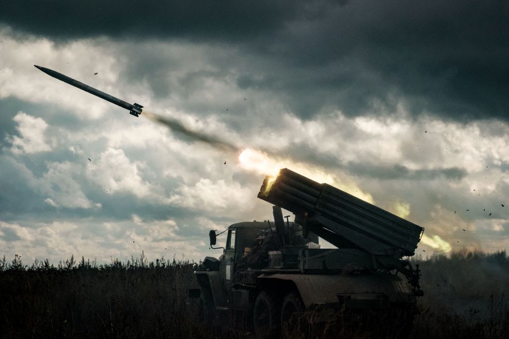 A rocket is launched from a truck-mounted multiple rocket launcher towards Russian positions in Kharkiv region on October 4, 2022, amid the Russian invasion of Ukraine. (Photo by Yasuyoshi CHIBA / AFP) (Photo by YASUYOSHI CHIBA/AFP via Getty Images) (AFP via Getty Images)