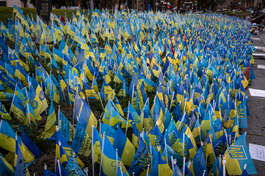 An exhibition of Ukrainian flags on display in Independence Square on October 7, 2022 in Kyiv, Ukraine. The display has been on the site since May and according to media reports is destroyed Russian military hardware from the recent conflict. In recent weeks, Ukraine has made significant gains in the east and south of the country, taking back areas once held by Russia during the 7-month-long war. (Ed Ram-Getty Images)