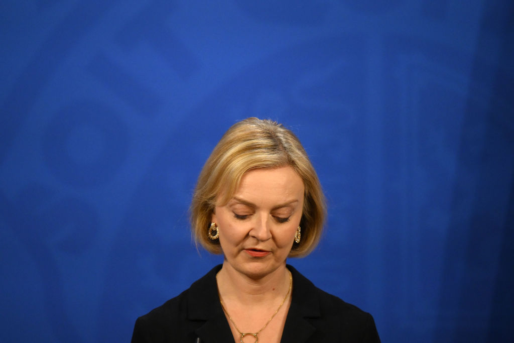 U.K. Prime Minister Liz Truss answers questions at a press conference in 10 Downing Street after sacking her former Chancellor, Kwasi Kwarteng, on Oct. 14, 2022 in London, England. (Daniel Leal—WPA Pool/Getty Images)