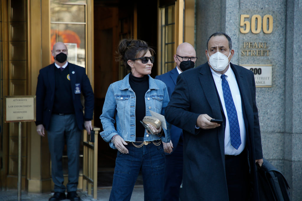 Sarah Palin and her attorney Kenneth Turkel leave federal court after Palin's defamation case against New York Times was dismissed on February 15, 2022 in New York City. On Monday U.S. District Judge Jed Rakoff announced that he was set to dismiss Palin's lawsuit against the New York Times (NYT) stating that Palin failed to show that the NYT acted with "actual malice," the standard for public figures to prove defamation, after the conclusion of the juries deliberation. (John Lamparski-Getty Images)