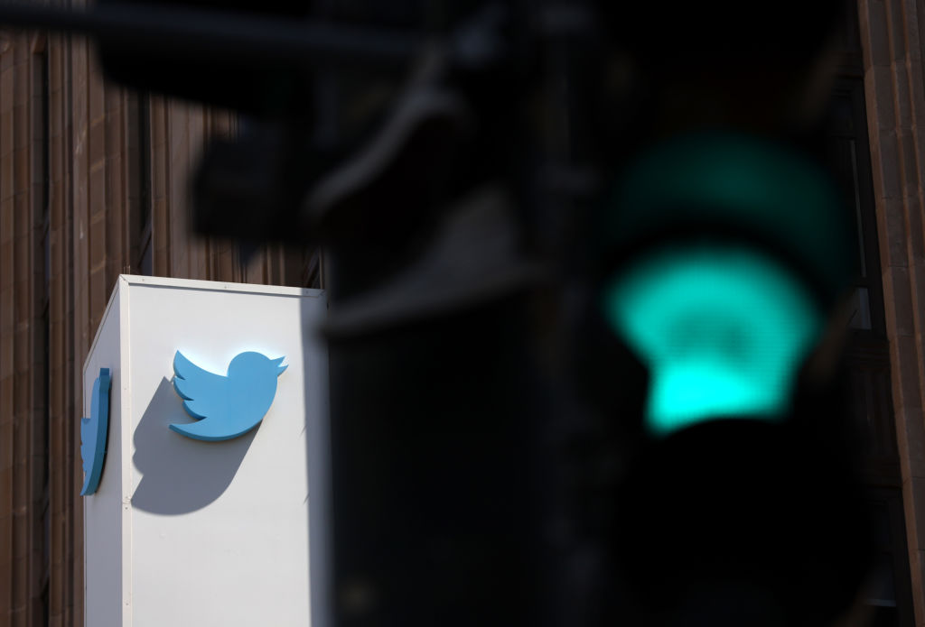 A sign is posted on the exterior of Twitter headquarters on April 25, 2022 in San Francisco, California. (Justin Sullivan/Getty Images)