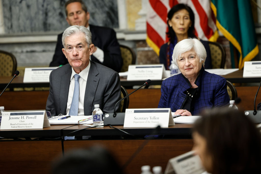 U.S. Federal Reserve Board Chairman Jerome Powell and U.S. Treasury Secretary Janet Yellen listen during a meeting with the Treasury Department's Financial Stability Oversight Council at the U.S. Treasury Department on October 03, 2022 in Washington, DC. (Anna Moneymaker-Getty Images)