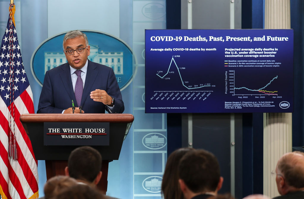 White House COVID-19 Response Coordinator Dr. Ashish Jha speaks at the daily press briefing at the White House on October 11, 2022 in Washington, DC. Jha spoke on the new COVID-19 Bivalent vaccine boosters and urged all Americans to take it. (Kevin Dietsch-Getty Images)
