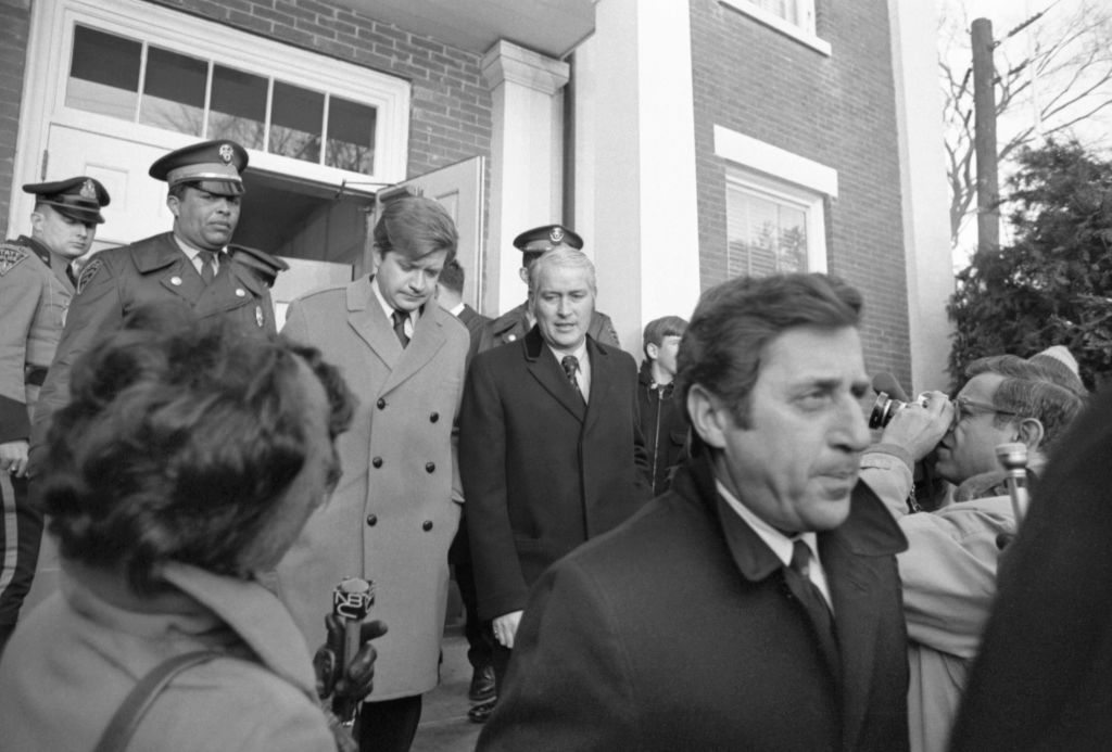 Two sailing companions of Senator Edward M. Kennedy who were present at the 7/18/1969 party on Chappaquiddick Island—Raymond Larosa (R) and Charles Tretter (L), leave Dukes County Court House after first day of inquest into the death of Mary Jo Kopechne. Center is Paul J. Redman, one of their attorneys. Miss Kopechne was killed when Senator Edward Kennedy’s car plunged off a bridge into water on Chappaquiddick Island. (Photo by Bettmann Archive/Getty Images) (Bettmann Archive)