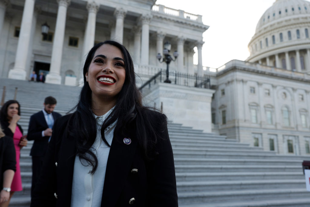 U.S. Rep. Mayra Flores (R-TX) is interviewed by a reporter outside the Capitol Building after being sworn in on June 21, 2022 in Washington, DC. (Anna Moneymaker—Getty Images)
