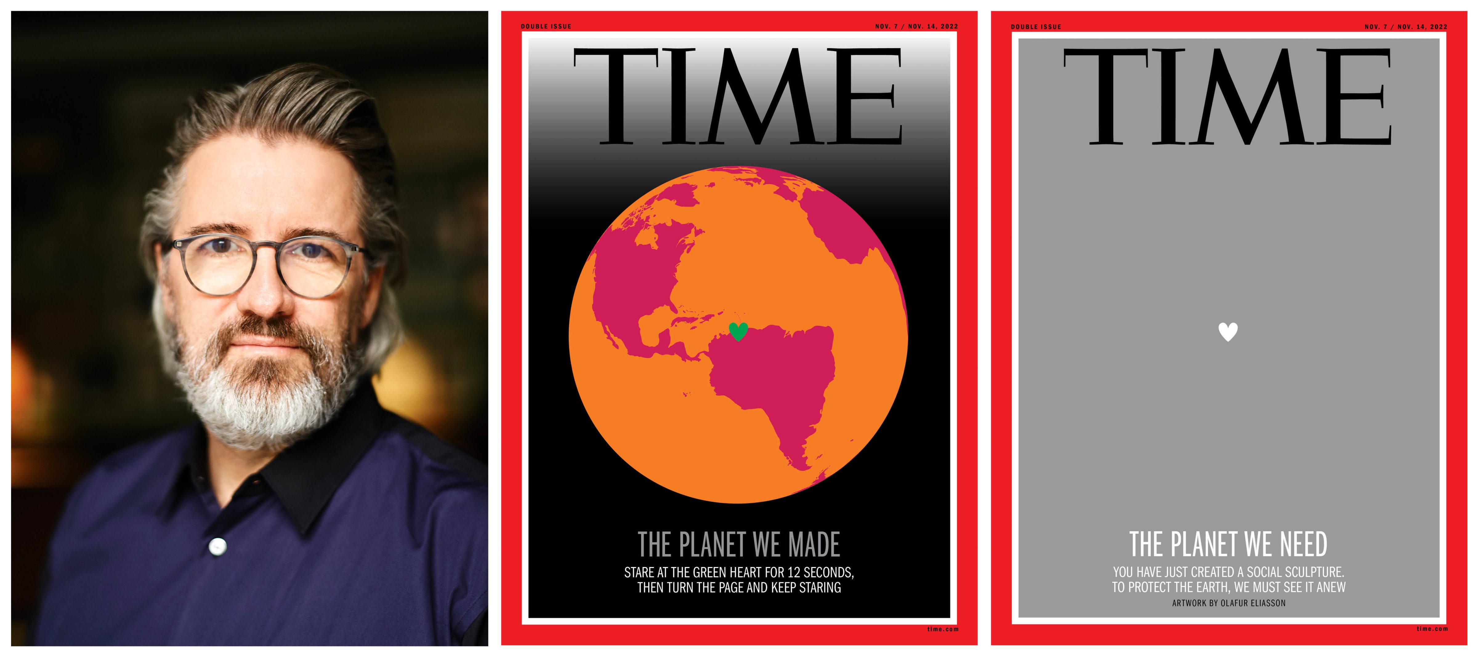 Eliasson, left, and the two pages of the optical illusion TIME cover (Artwork by Olafur Eliasson for TIME)
