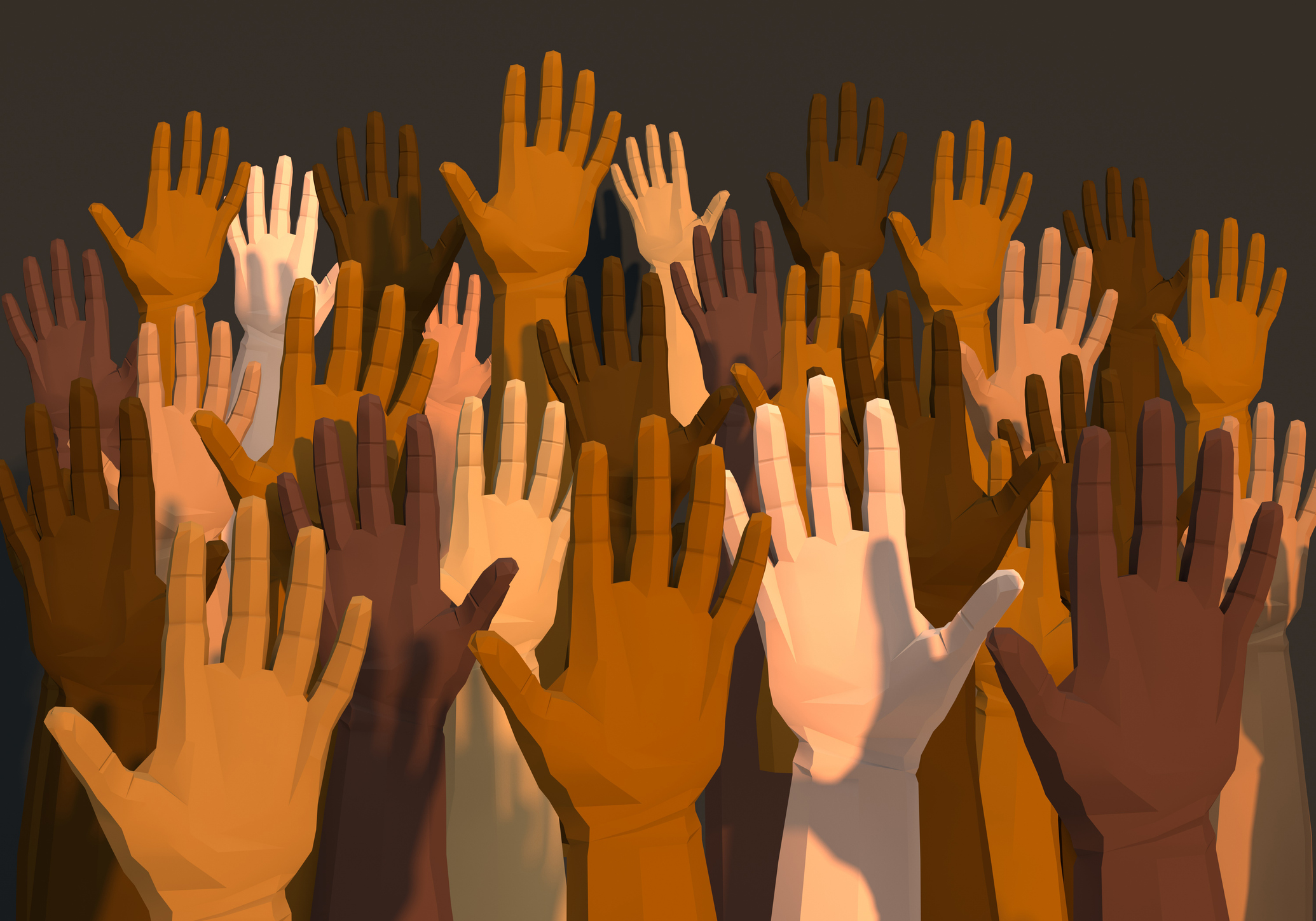 Digital generated image of multi-ethnic arms raised in the air on dark gray background.