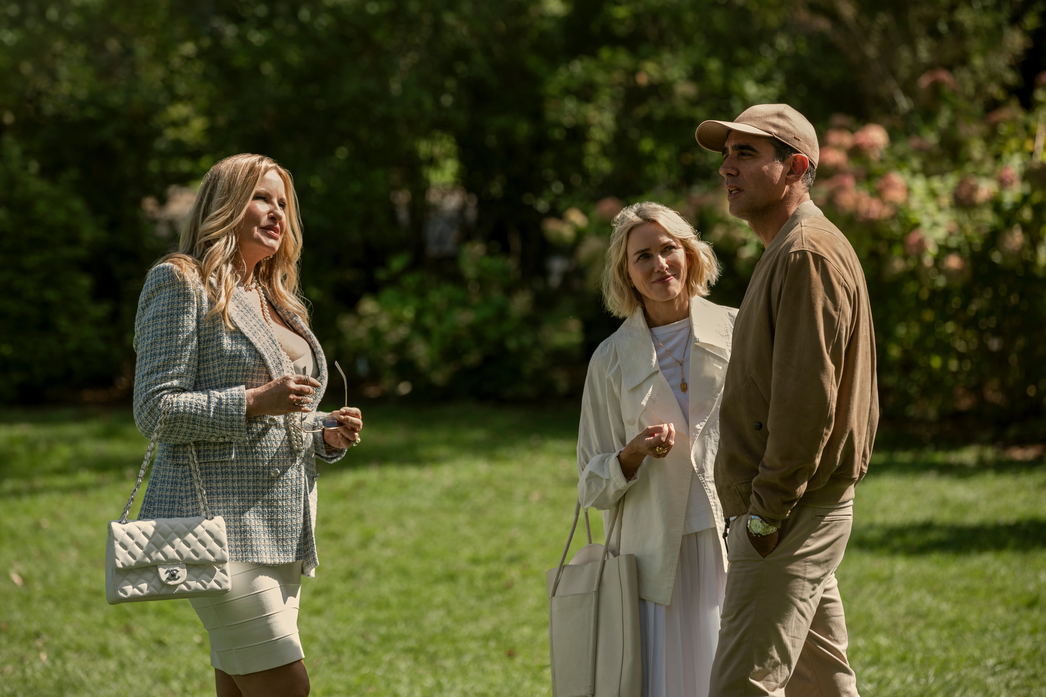 From left: Jennifer Coolidge, Naomi Watts, and Bobby Cannavale in 'The Watcher' (Eric Liebowitz—Netflix)