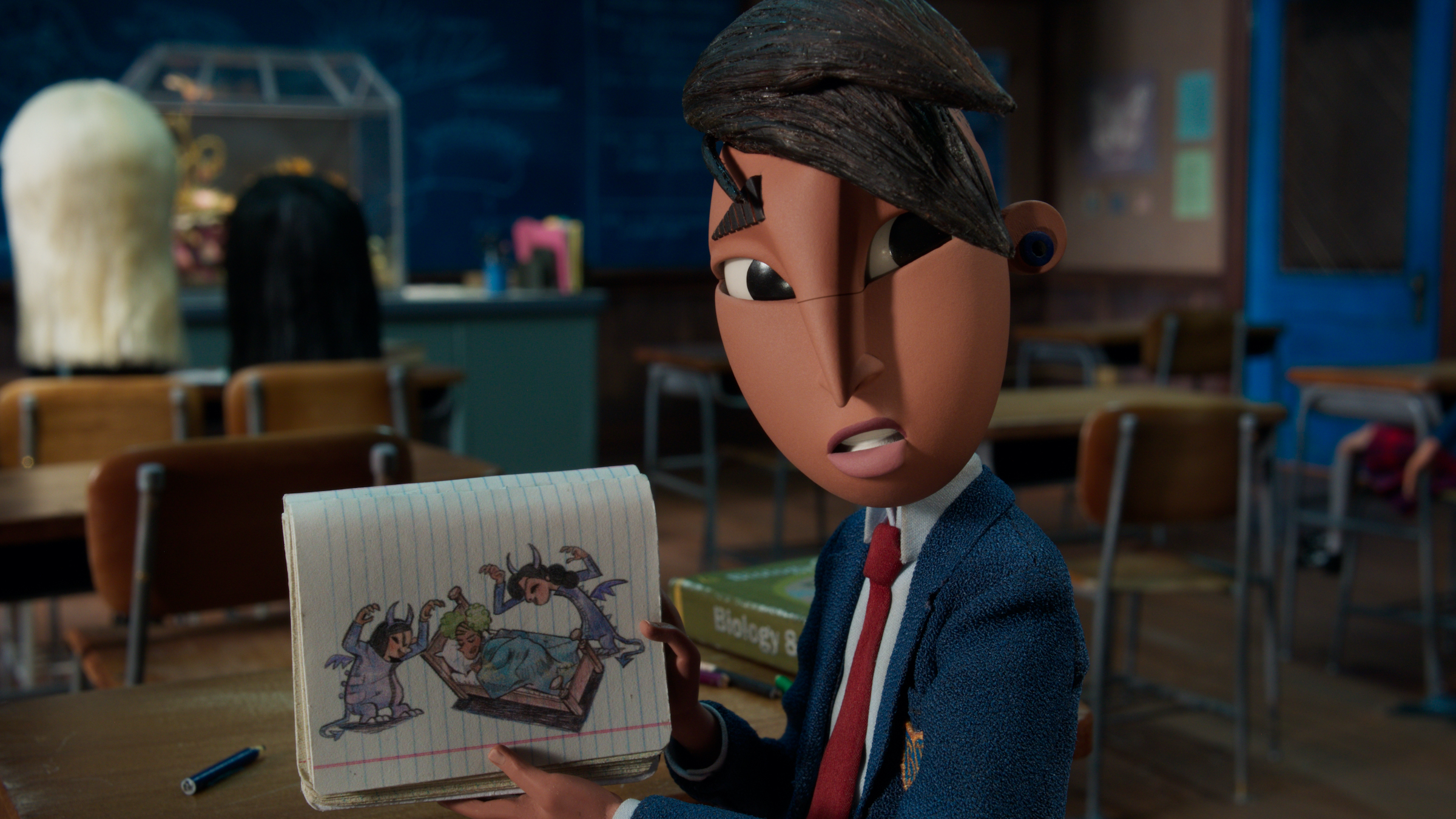 Raúl (voiced by Sam Zelaya) shows Kat a sketch he drew of her. (Courtesy of Netflix)