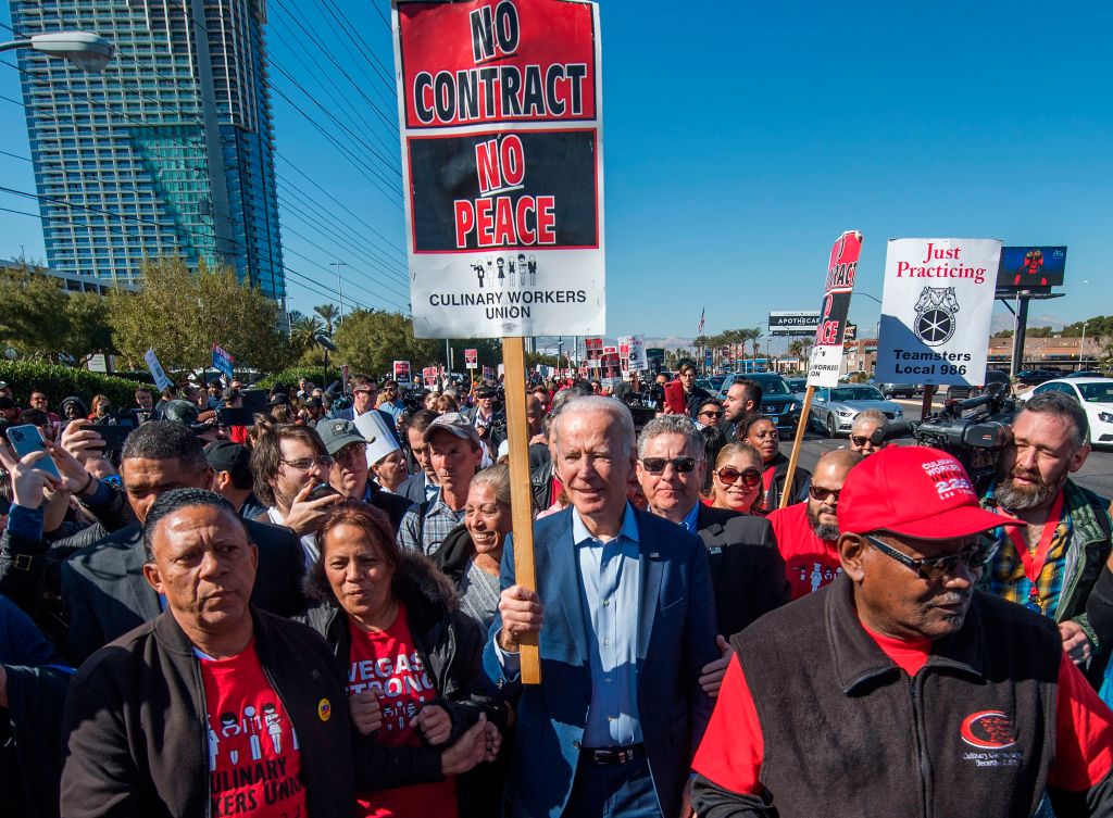 Joe Biden (C), joined members of Culinary Workers Union Local 226 as they fought for a first union contract in Las Vegas, Nevada, on February 19, 2020 (MARK RALSTON/AFP—Getty Image)