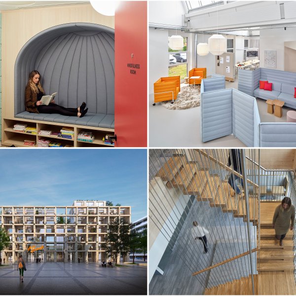 Offices at Spotify, Vitra, and the United Nations, and the “aula modula” apartment block design.
