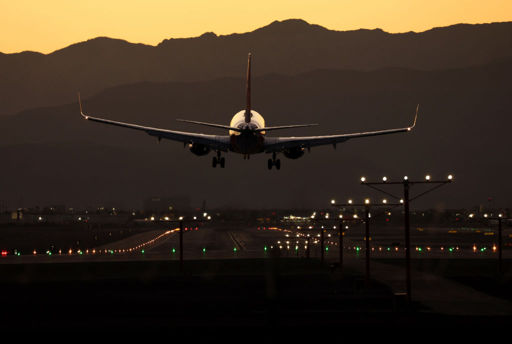 A plane lands at Harry Reid International Airport  in Las Vegas, Nevada, on October 14, 2022. (Justin Sullivan—Getty Images)