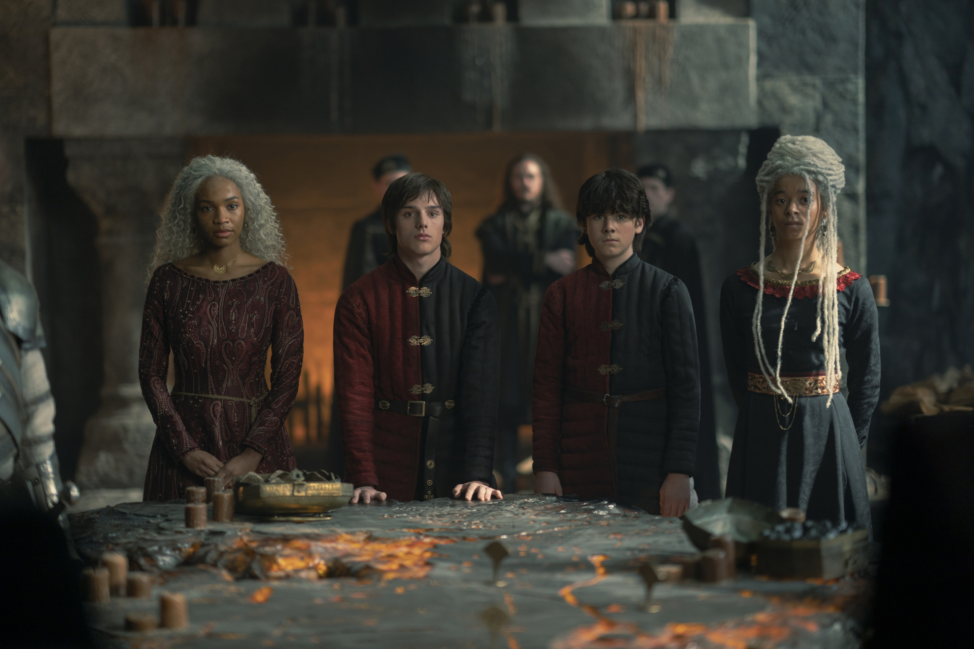(L-R) Bethany Antonia, Harry Collett, Elliot Grihault, and Phoebe Campbell in <i>House of the Dragon</i> (Ollie Upton—HBO)