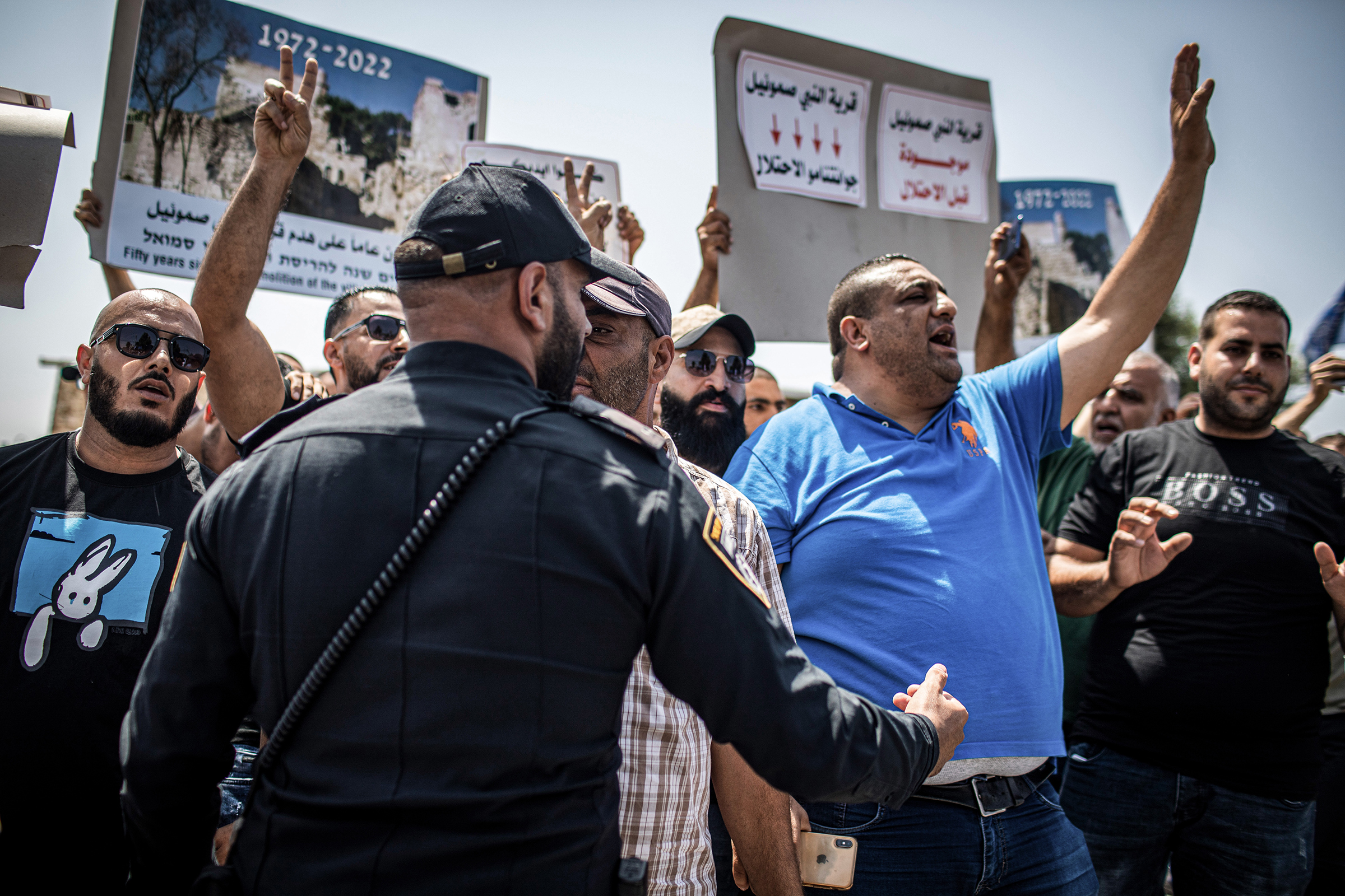Palestinians take part in a demonstration during the visit of the Right-wing politician Itamar Ben-Gvir to Al-Nabi Samuel village, north of Jerusalem, on Sept. 2. (Ilia Yefimovich—picture alliance/Getty Images)