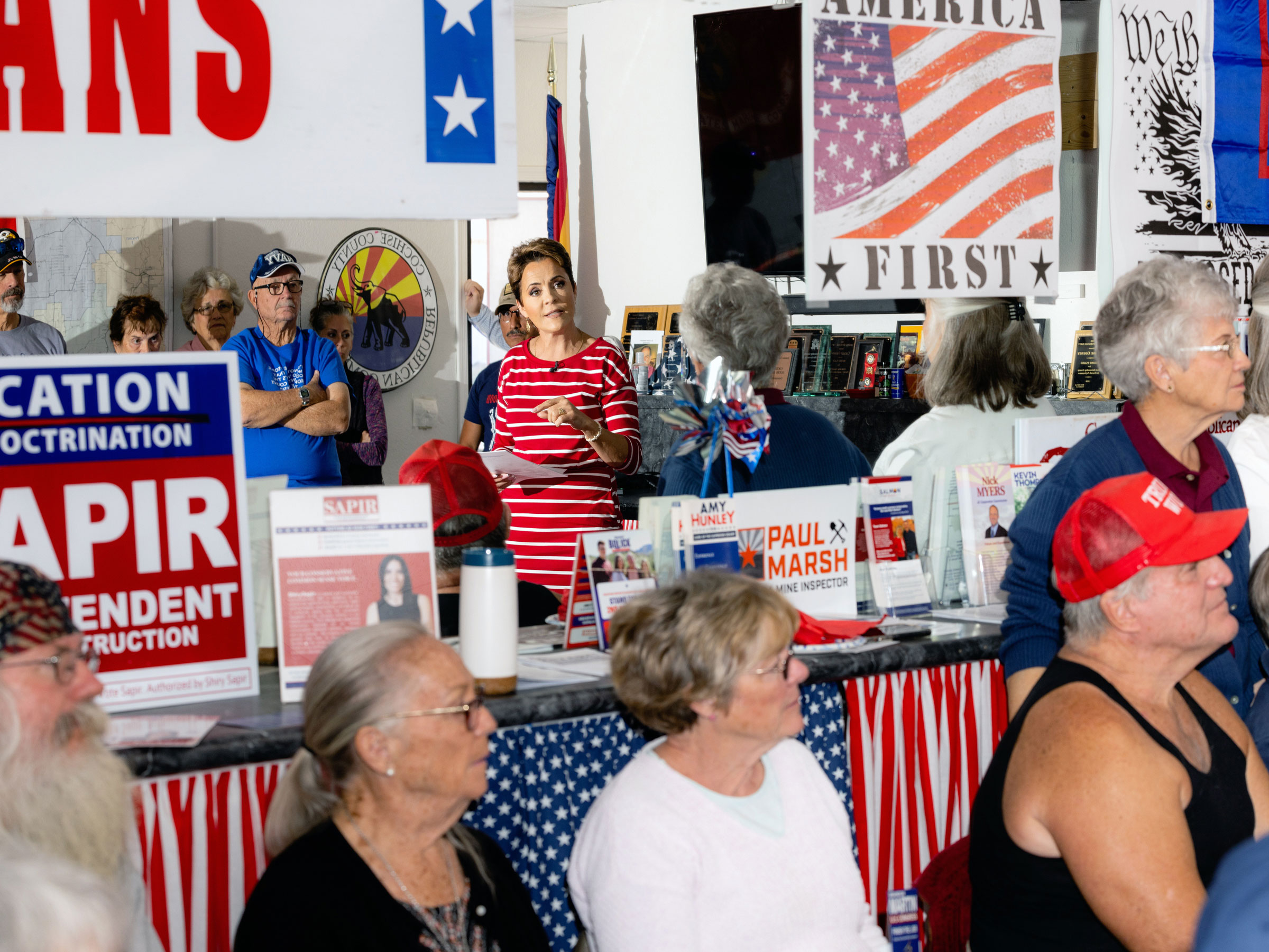 Kari Lake, a Republican running for governor of Arizona, answers questions at a campaign event in Sierra Vista, in Arizona's Cochise County, on March 31, 2022. (Cassidy Araiza/The New York Times)