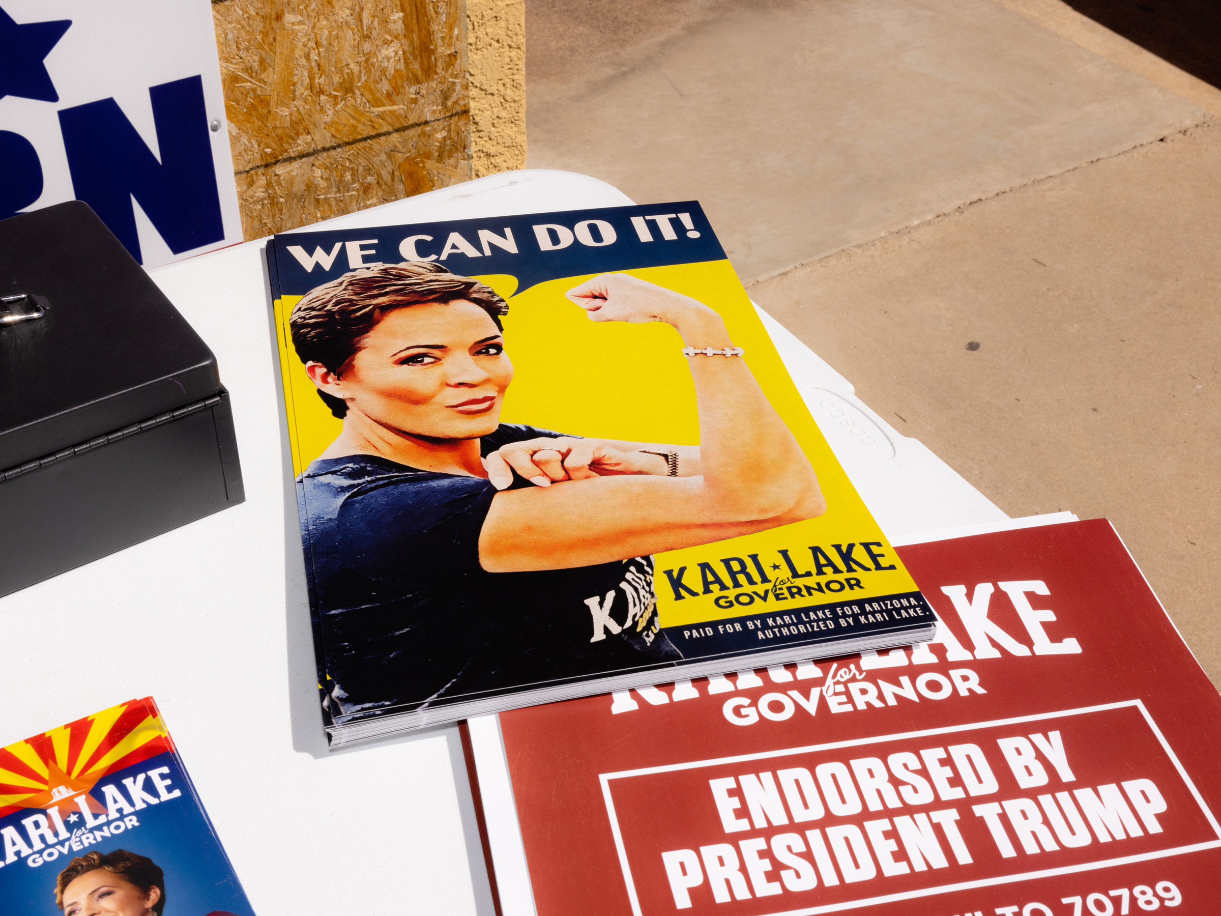 Campaign materials for Kari Lake at an event in Sierra Vista, Ariz., March 31, 2022. (Cassidy Araiza—The New York Times/Redux)