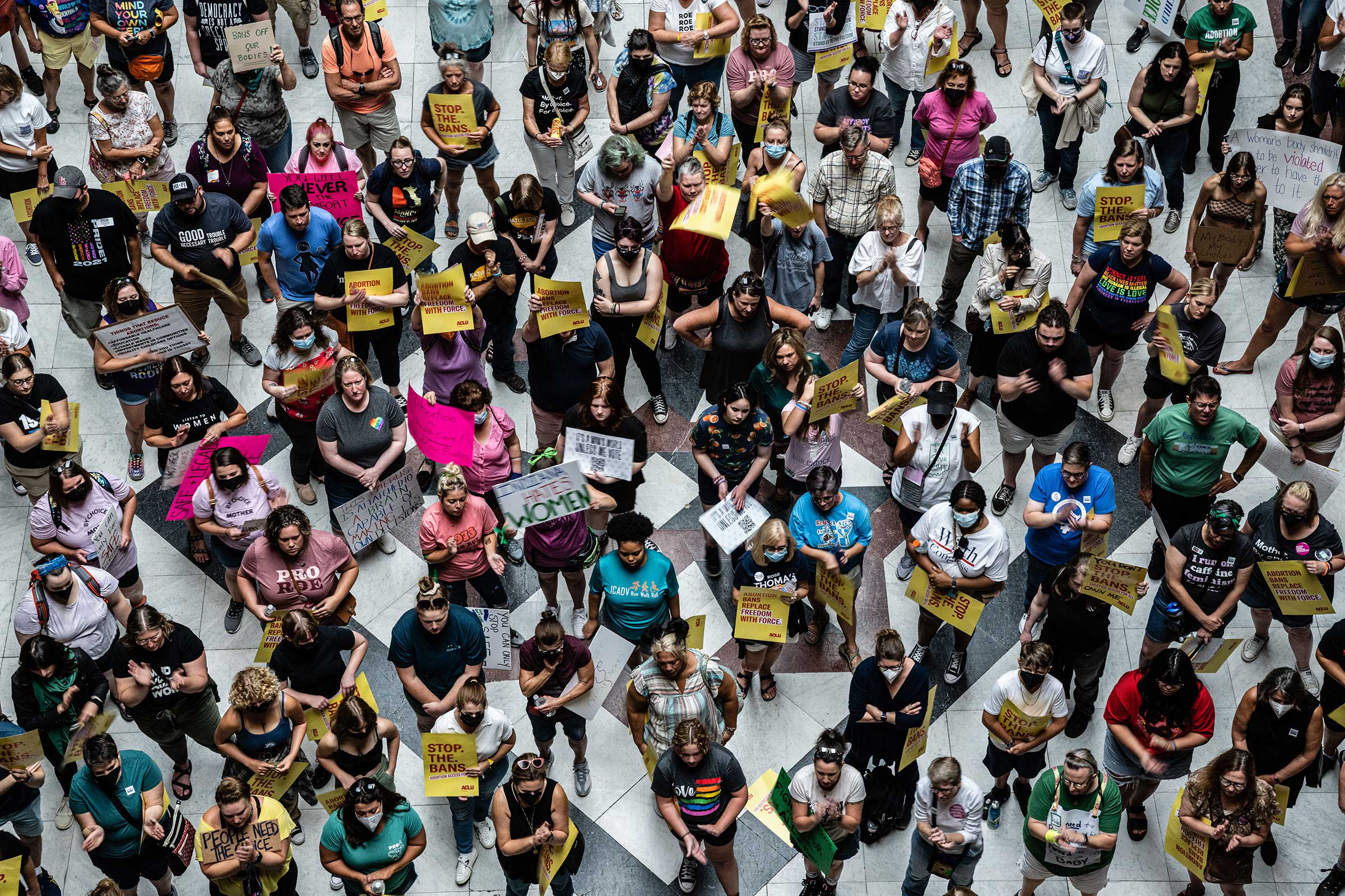 A crowd of anti-abortion and abortion rights protesters are seen in the Indiana State Capitol building on July 25, 2022 in Indianapolis, Indiana. (Jon Cherry—Getty Images)