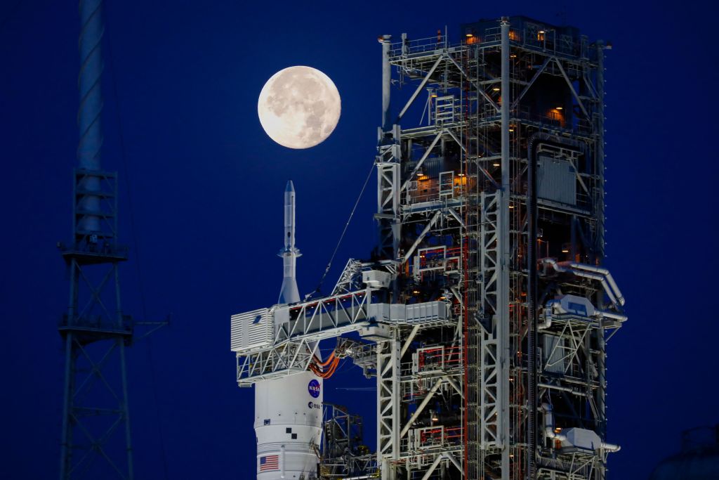 NASAs Artemis I Moon rocket sits at Launch Pad Complex 39B at Kennedy Space Center, in Cape Canaveral, Florida, on June 15, 2022. (EVA MARIE UZCATEGUI/AFP—Getty Images)