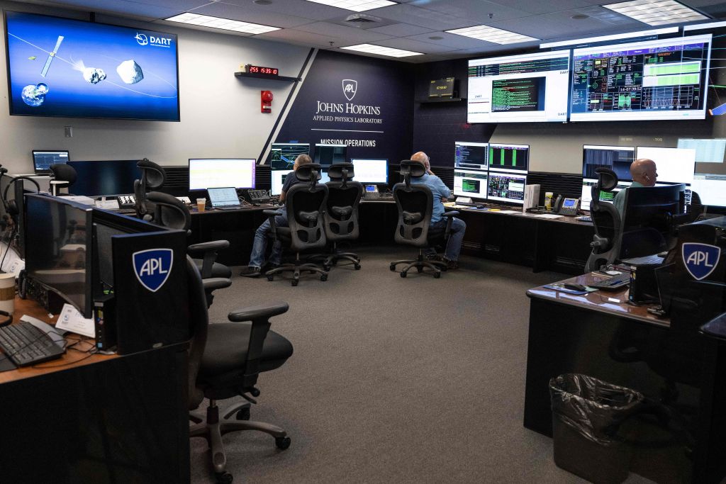 People sit at their workstations within the Mission Operations Center during the Double Asteroid Redirection Test (DART) Technology Media Workshop Telecon Briefing and tour at the Johns Hopkins Applied Physics Laboratory in Laurel, Maryland, on Sept. 12, 2022. (JIM WATSON/AFP— Getty Images)