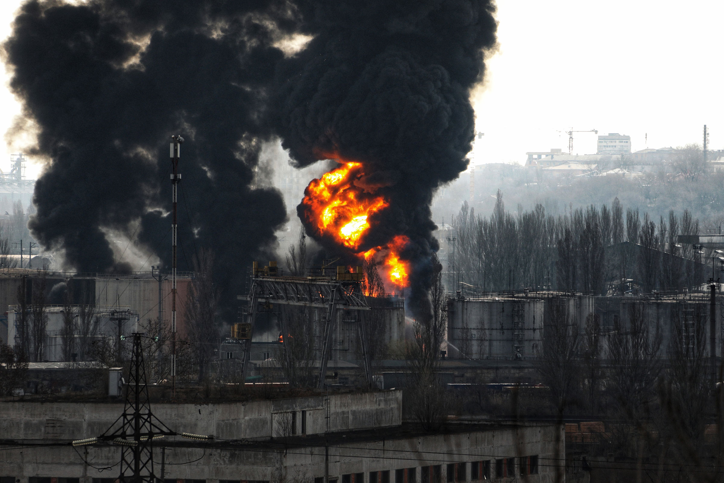A fire rages after Russian rockets hit an oil refinery and an oil depot on April 3, 2022 in Odesa, southern Ukraine. (Nina Liashonok—Ukrinform/Future Publishing/Getty Images)