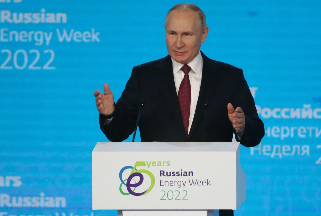 Russian President Vladimir Putin speaks during the plenary session of the Russian Energy Week 2022, on October 12, 2022 in Moscow, Russia. (Contributor—Getty Images)