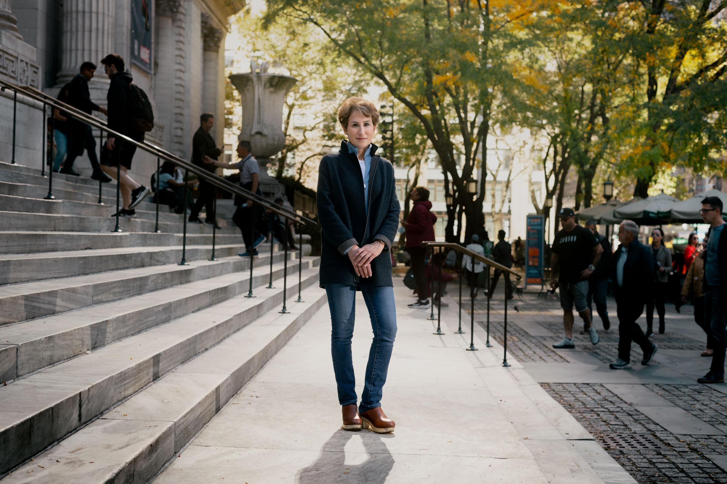Stacy Schiff on the front steps of the New York Public Library, on Oct. 14, 2022. (Adam Pape for TIME)