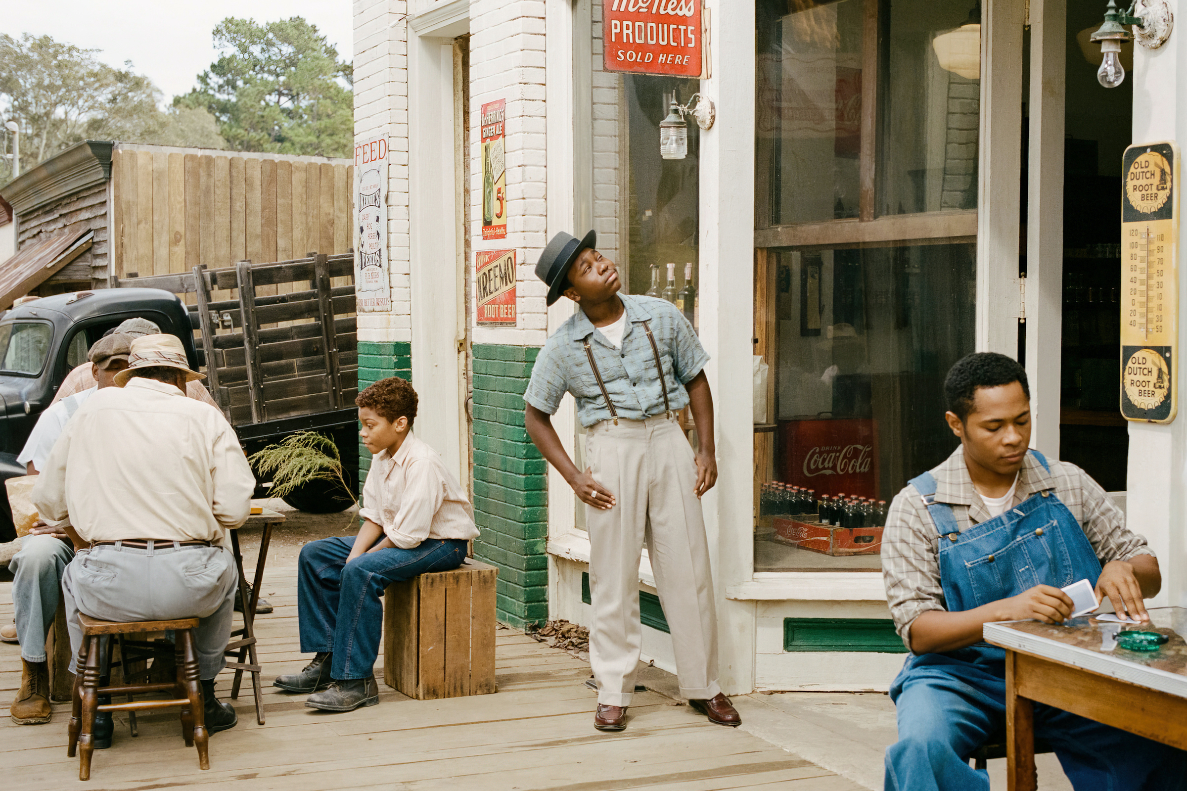 Jalyn Hall as Emmett Till, standing outside the Bryants' store in Money, Miss. (Andre D. Wagner —Orion Pictures)