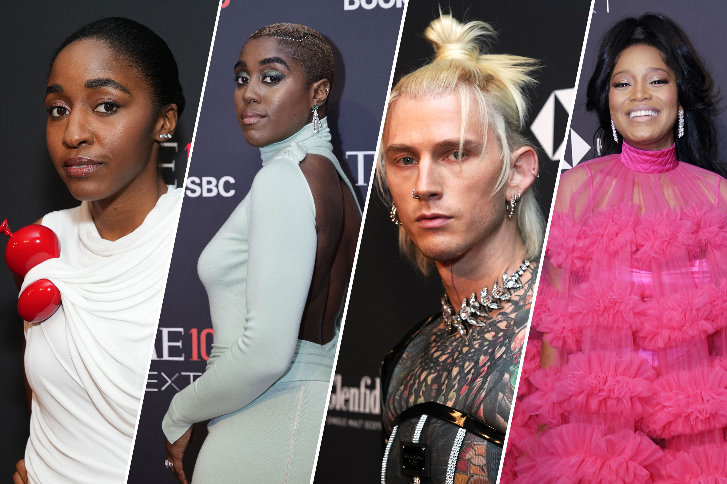 Ayo Edebiri, Lashana Lynch, Machine Gun Kelly, Keke Palmer arrive at the the TIME100 Next Gala in New York City on Oct. 25, 2022. (Kevin Mazur—Getty Images for TIME; Kena Betancur—AFP/Getty Images; Kevin Mazur—Getty Images for TIME; Kena Betancur—AFP/Getty Images)