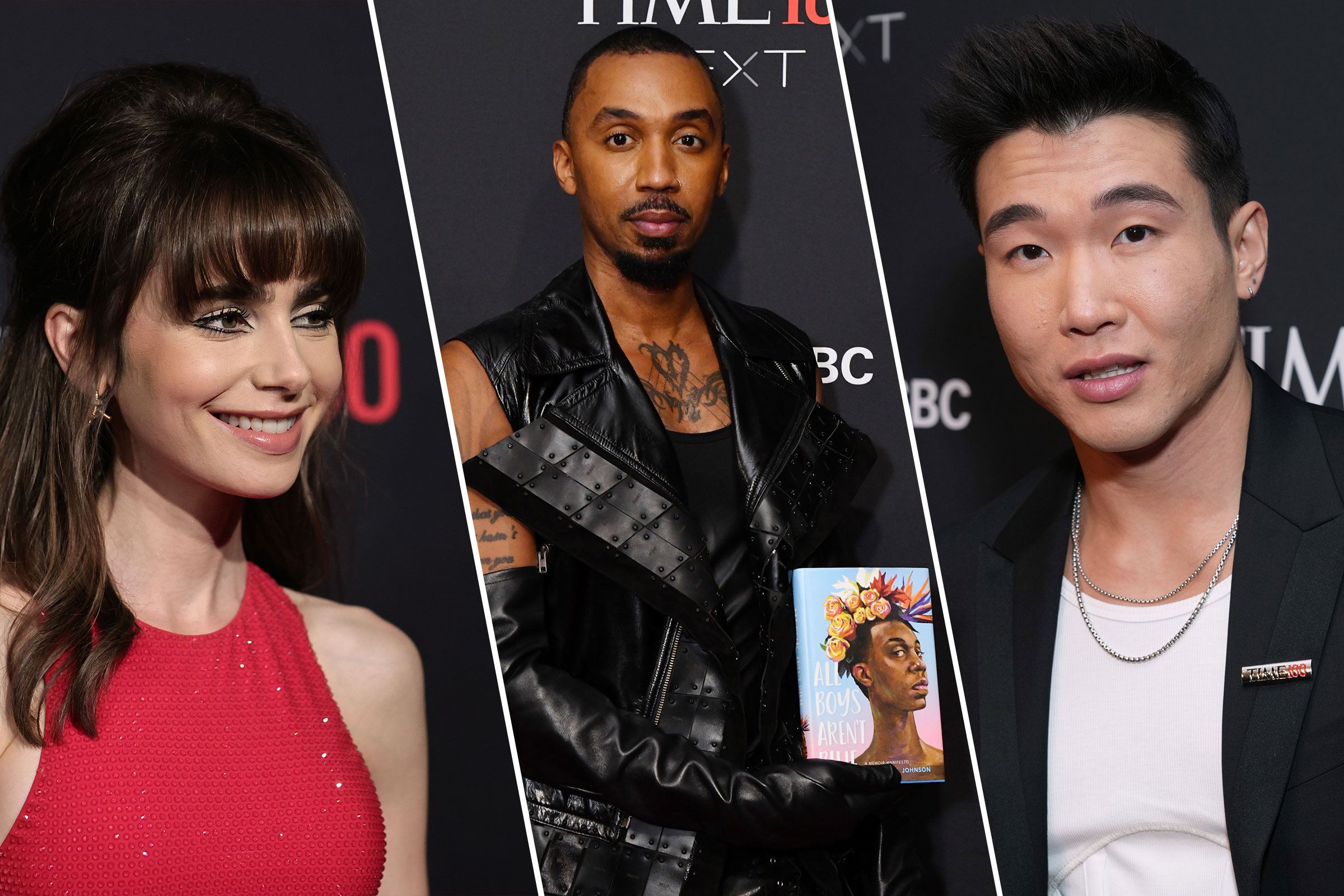 Lily Collins, George M. Johnson, and Joel Kim Booster at the TIME100 Next Gala in New York City on Oct. 25, 2022. (Jamie McCarthy—Getty Images; Craig Barritt—Getty Images for TIME; Kevin Mazur—Getty Images for TIME)