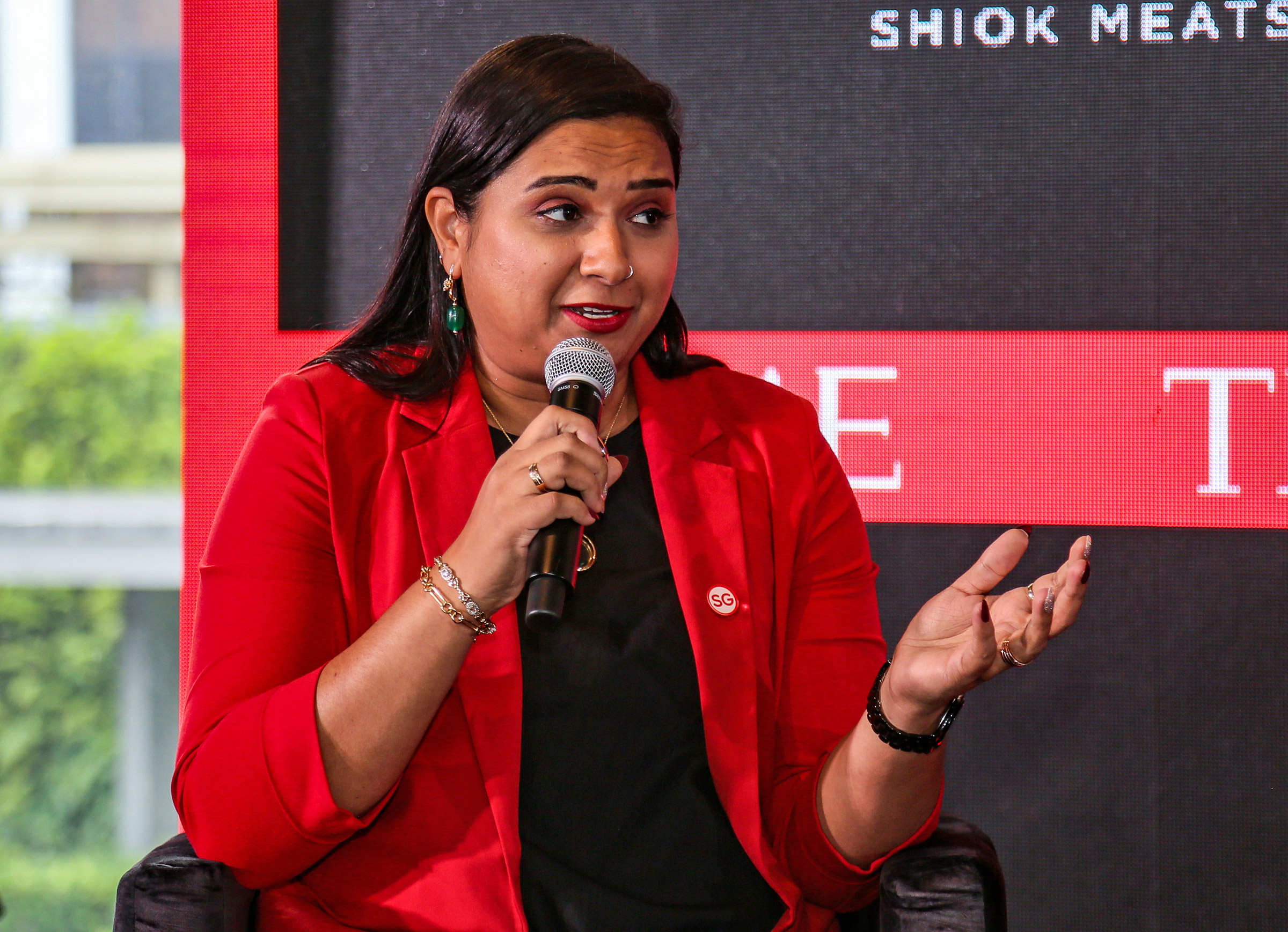 Sandhya Sriram, Group CEO, Chairman &amp; Co-Founder, Shiok Meats speaks during the TIME100 Leadership Forum on October 02, 2022 in Singapore. (Ore Huiying—Getty Images for TIME)