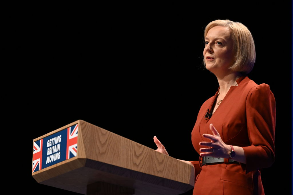 Prime Minister Liz Truss delivers her keynote speech on the final day of the Conservative Party Conference on Oct. 5, 2022 in Birmingham, England. This year the Conservative Party Conference will be looking at "Getting Britain Moving" with more jobs and higher salaries. (Leon Neal—Getty Images)