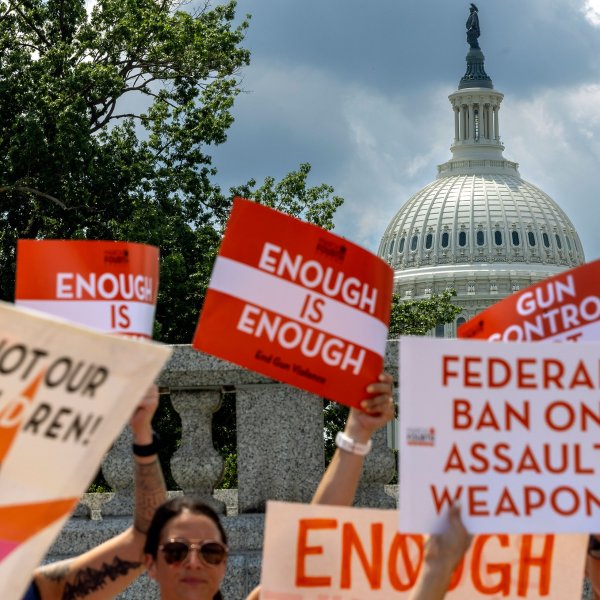Gun control activists rally near the U.S. Capitol calling for a federal ban on assault weapons on July 13, 2022 in Washington, DC.