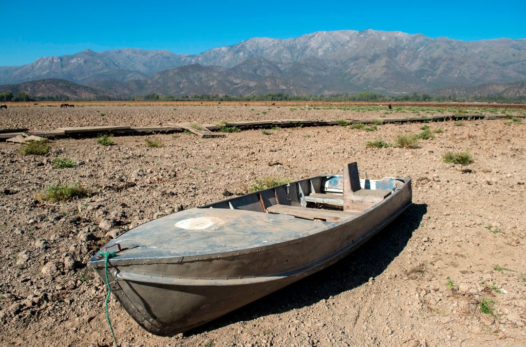 View of an abandoned boat at the dried Aculeo Lake in Paine, about  40 miles southwest of Santiago, Chile, on March 5, 2019. (Martin Bernetti—AFP/Getty Images)