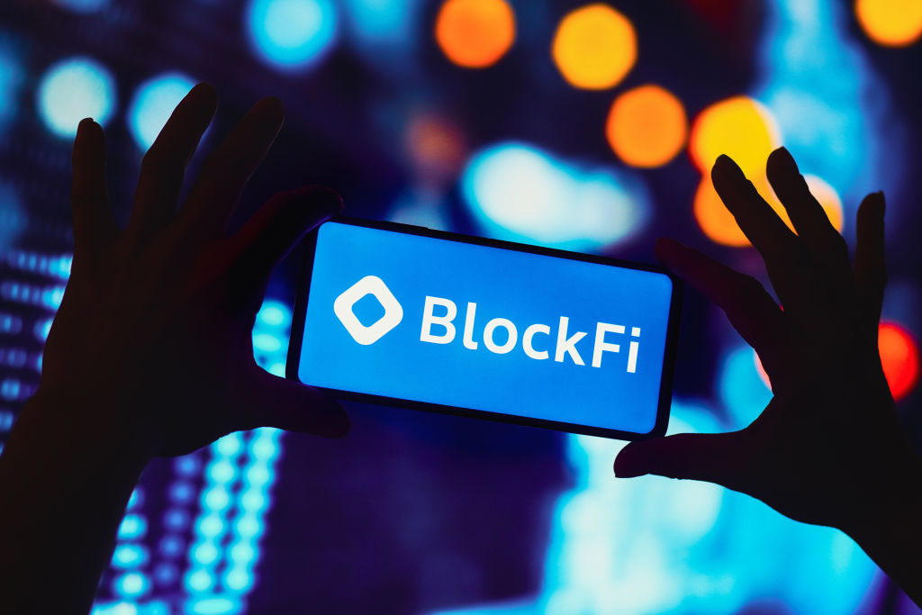 In this photo illustration, the BlockFi logo seen displayed